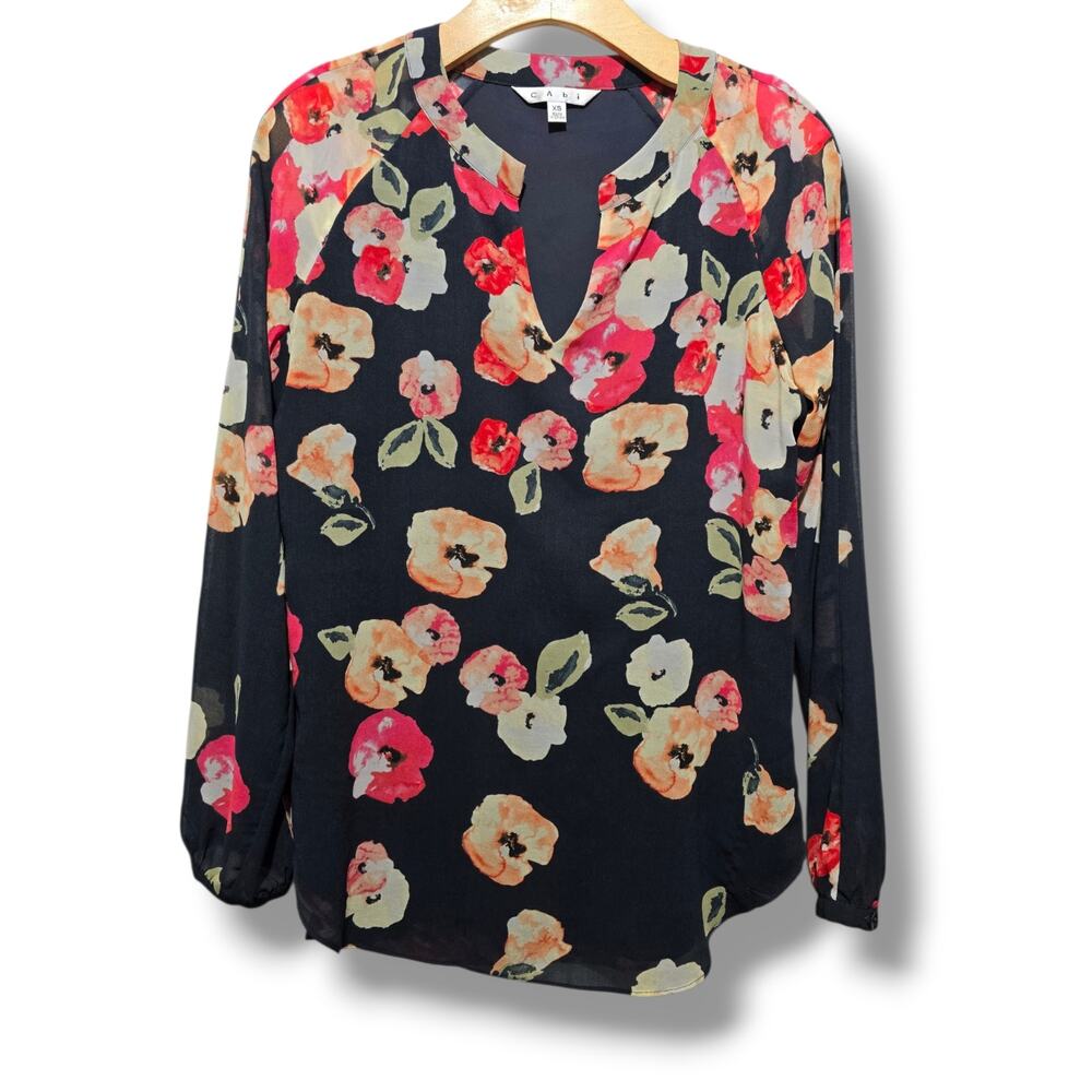 Cabi women's Floral V-Neck Long Sleeve Lined Blouse Black Size XS